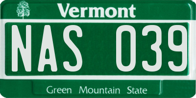 VT license plate NAS039
