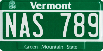 VT license plate NAS789