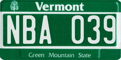 VT license plate NBA039