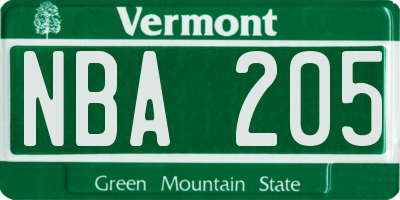 VT license plate NBA205