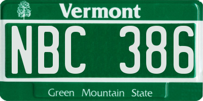 VT license plate NBC386