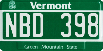 VT license plate NBD398