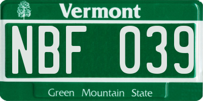 VT license plate NBF039