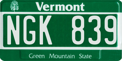 VT license plate NGK839