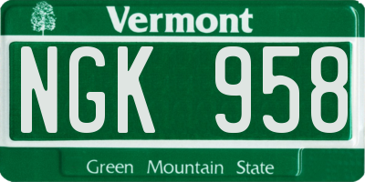 VT license plate NGK958
