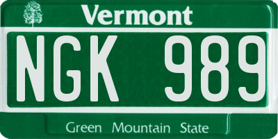 VT license plate NGK989
