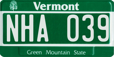 VT license plate NHA039