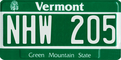 VT license plate NHW205