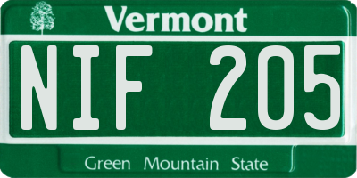 VT license plate NIF205