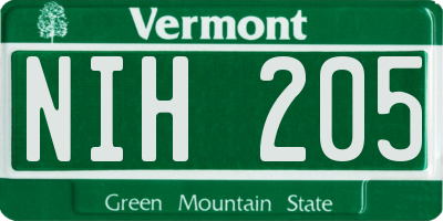 VT license plate NIH205