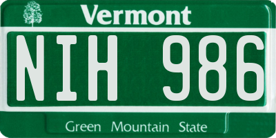 VT license plate NIH986