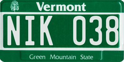VT license plate NIK038