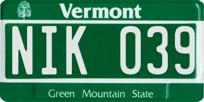VT license plate NIK039