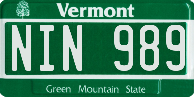 VT license plate NIN989