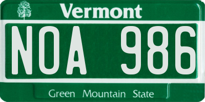 VT license plate NOA986