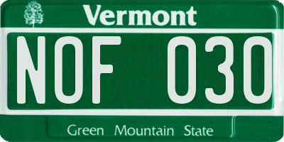 VT license plate NOF030