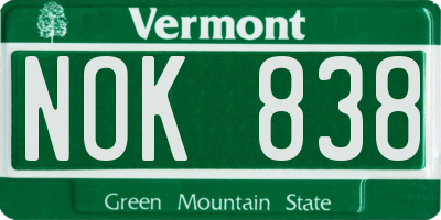 VT license plate NOK838