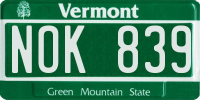 VT license plate NOK839