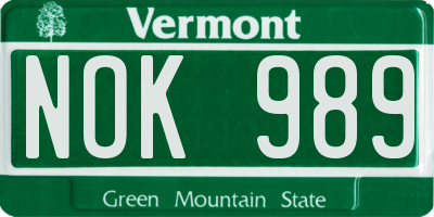 VT license plate NOK989