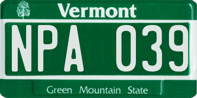 VT license plate NPA039