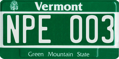 VT license plate NPE003