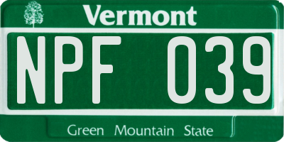 VT license plate NPF039