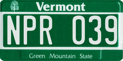 VT license plate NPR039