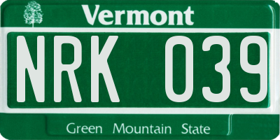 VT license plate NRK039