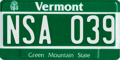 VT license plate NSA039