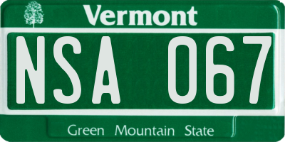 VT license plate NSA067