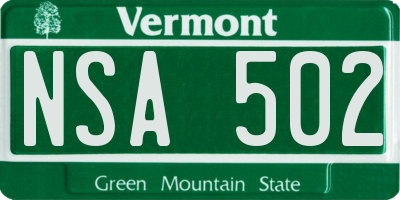 VT license plate NSA502