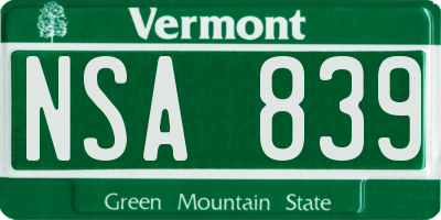 VT license plate NSA839