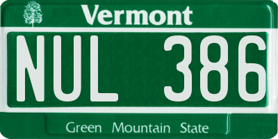 VT license plate NUL386