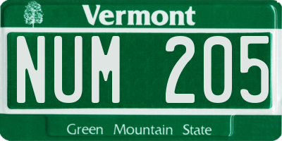 VT license plate NUM205