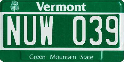 VT license plate NUW039