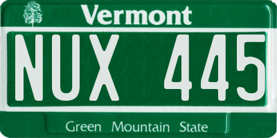 VT license plate NUX445