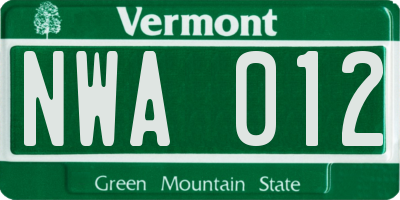 VT license plate NWA012