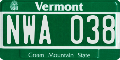 VT license plate NWA038
