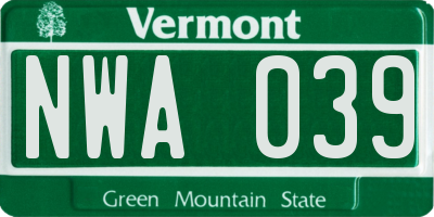 VT license plate NWA039