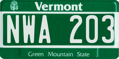 VT license plate NWA203