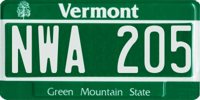 VT license plate NWA205