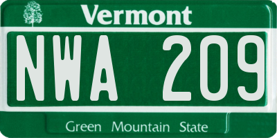 VT license plate NWA209