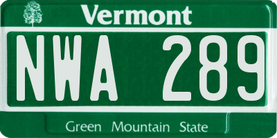 VT license plate NWA289