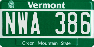 VT license plate NWA386