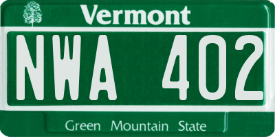 VT license plate NWA402