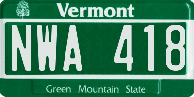 VT license plate NWA418