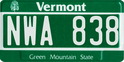VT license plate NWA838