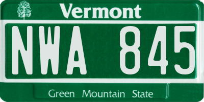 VT license plate NWA845