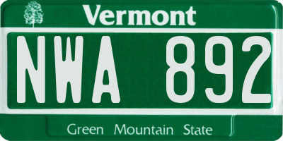 VT license plate NWA892