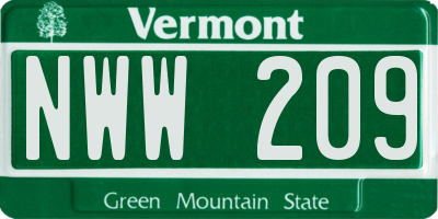 VT license plate NWW209
